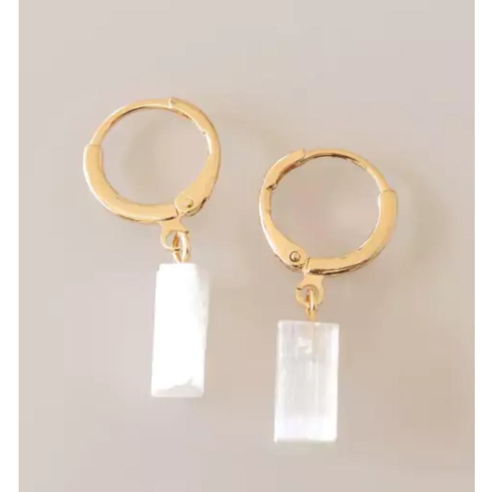 Brinco Piercing Argola Selenita Branca Bruta Banho Ouro