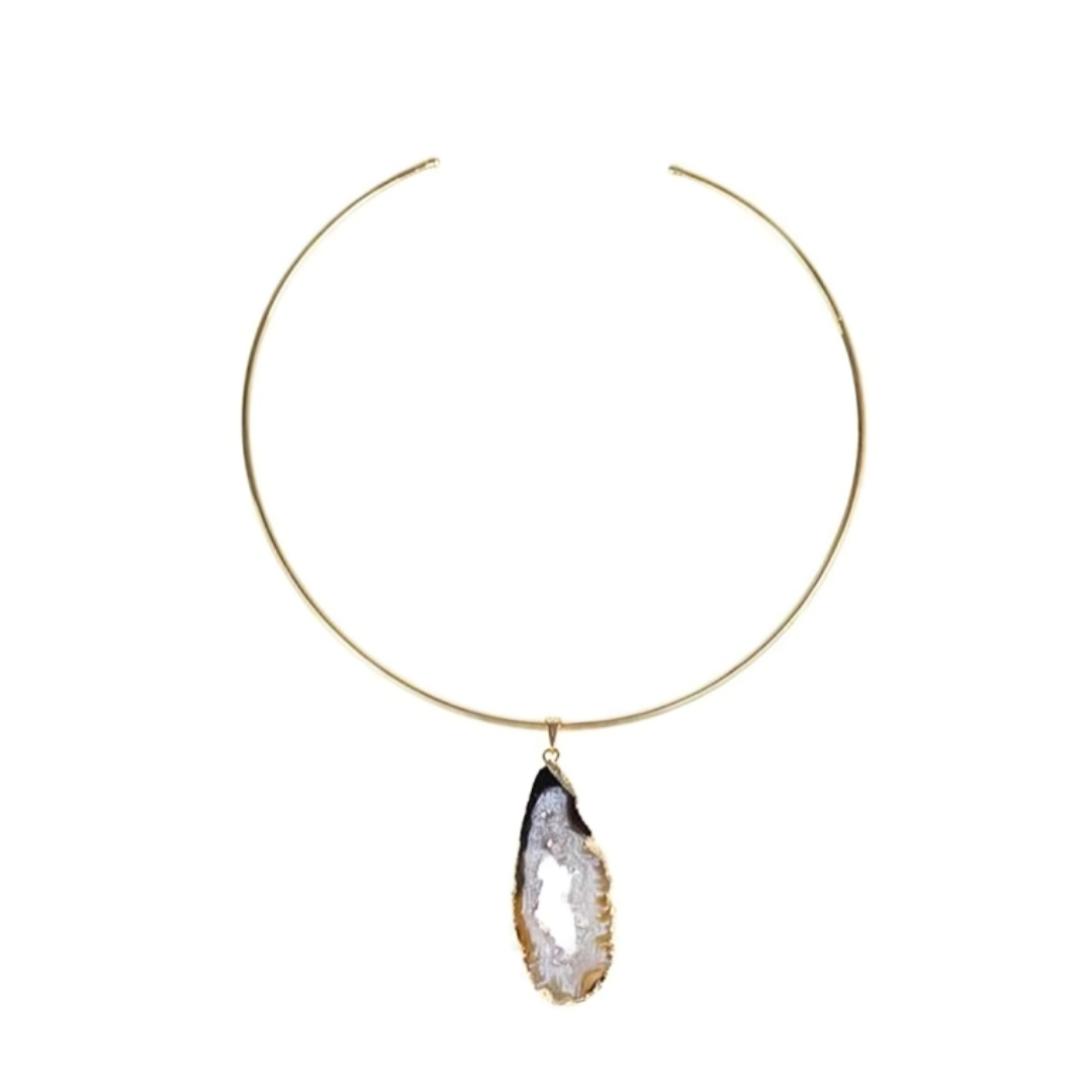 Choker Geodo Ágata Natural Banho Ouro