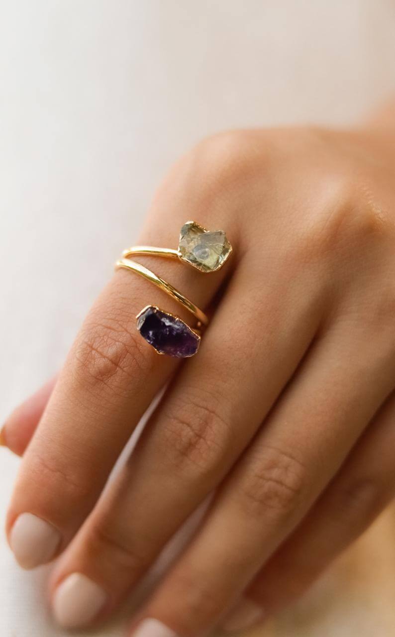 Anel Duo Ametista e Prasiolita Pedras Banho Ouro 18k