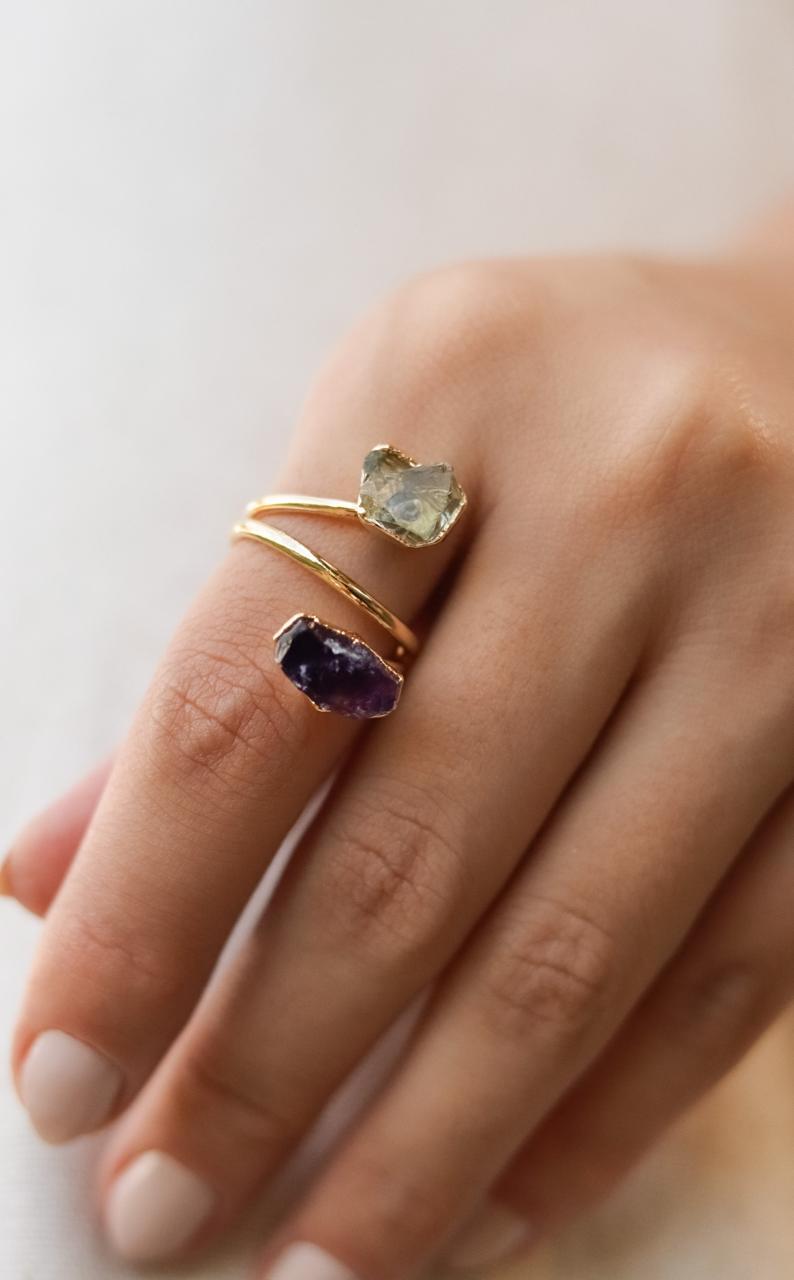 Anel Duo Ametista e Prasiolita Pedras Banho Ouro 18k