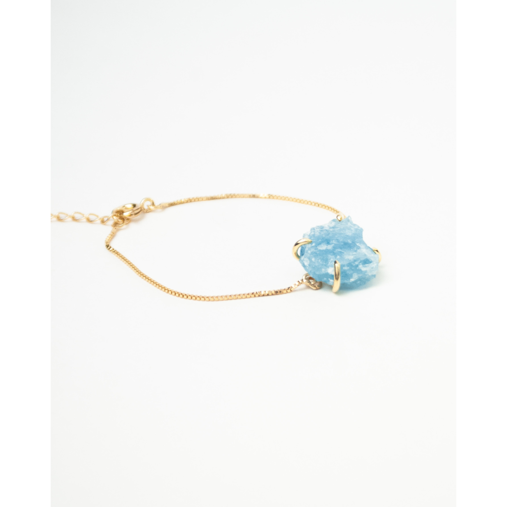 Pulseira Água Marinha Bruta com Garra Banhado Ouro