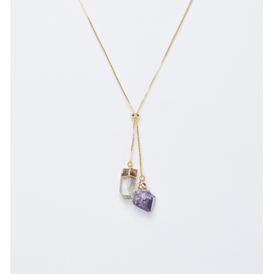 Colar Gravatinha Pedra Ametista E Cristal Banho Ouro