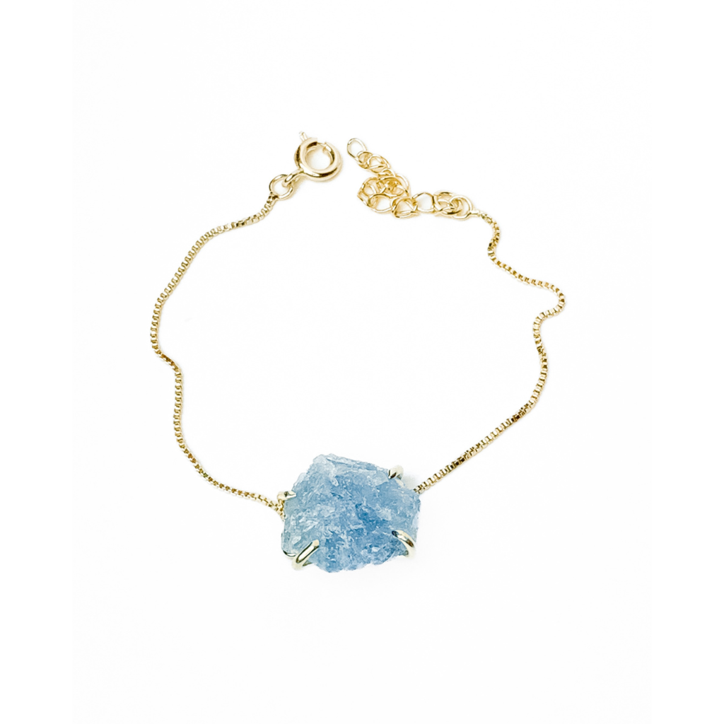 Pulseira Água Marinha Bruta com Garra Banhado Ouro