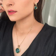 Conjuto Colar E Brincos Esmeralda Facetada Banho Ouro