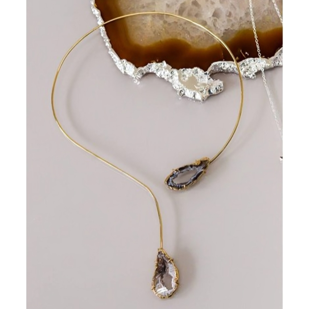 Choker Duo Geodo de Ágata Natural Banho Ouro