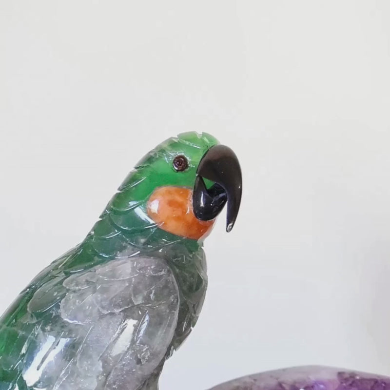 Casal de Araras Esculpido em Fluorita Verde na Drusa de Ametista na Base giratória de mármore negro 11,500 kg