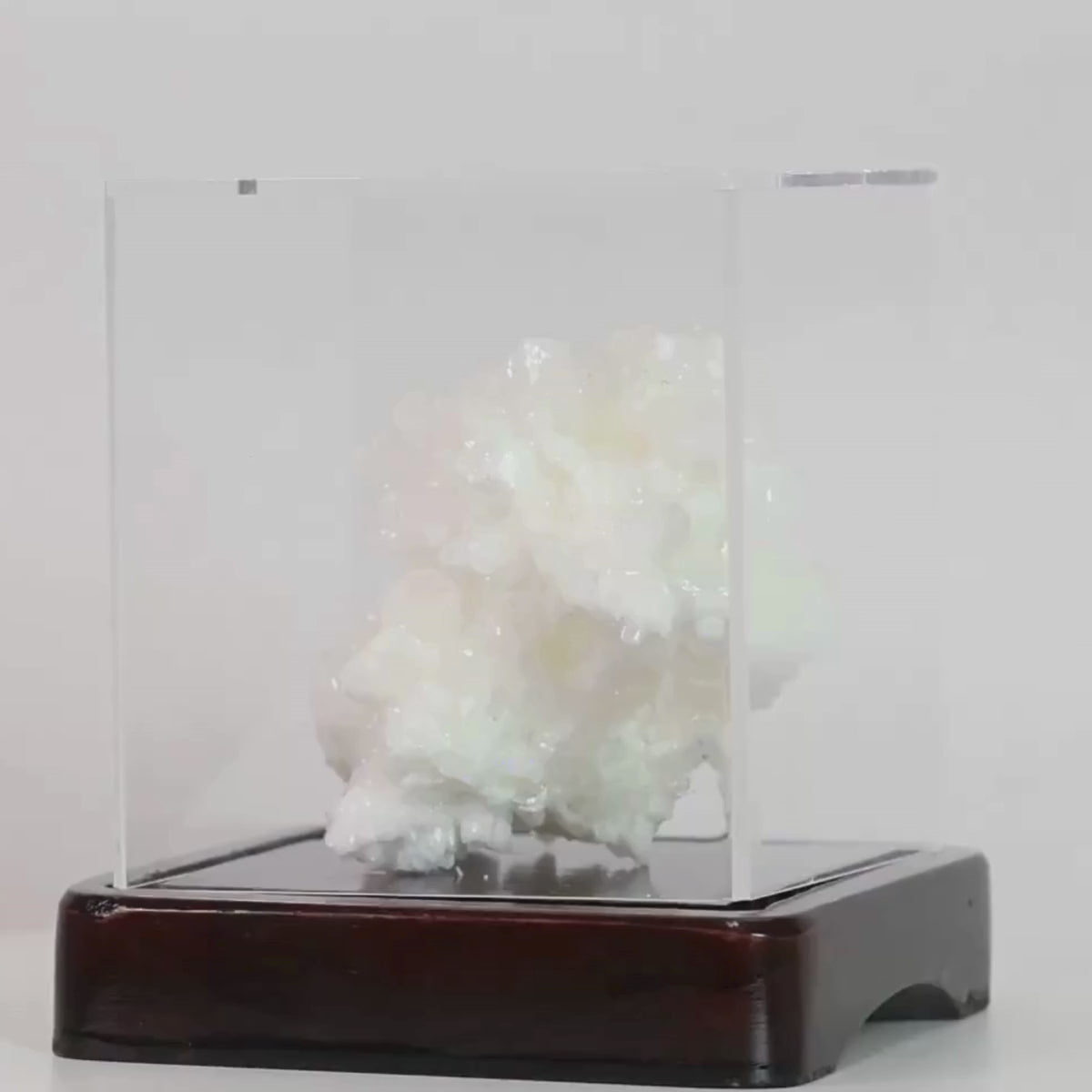 Carregar vídeo: Pedra Aragonita Fluorescente Cristalizada Extra na Cúpula de Acrílica Base de Madeira - 808 gramas