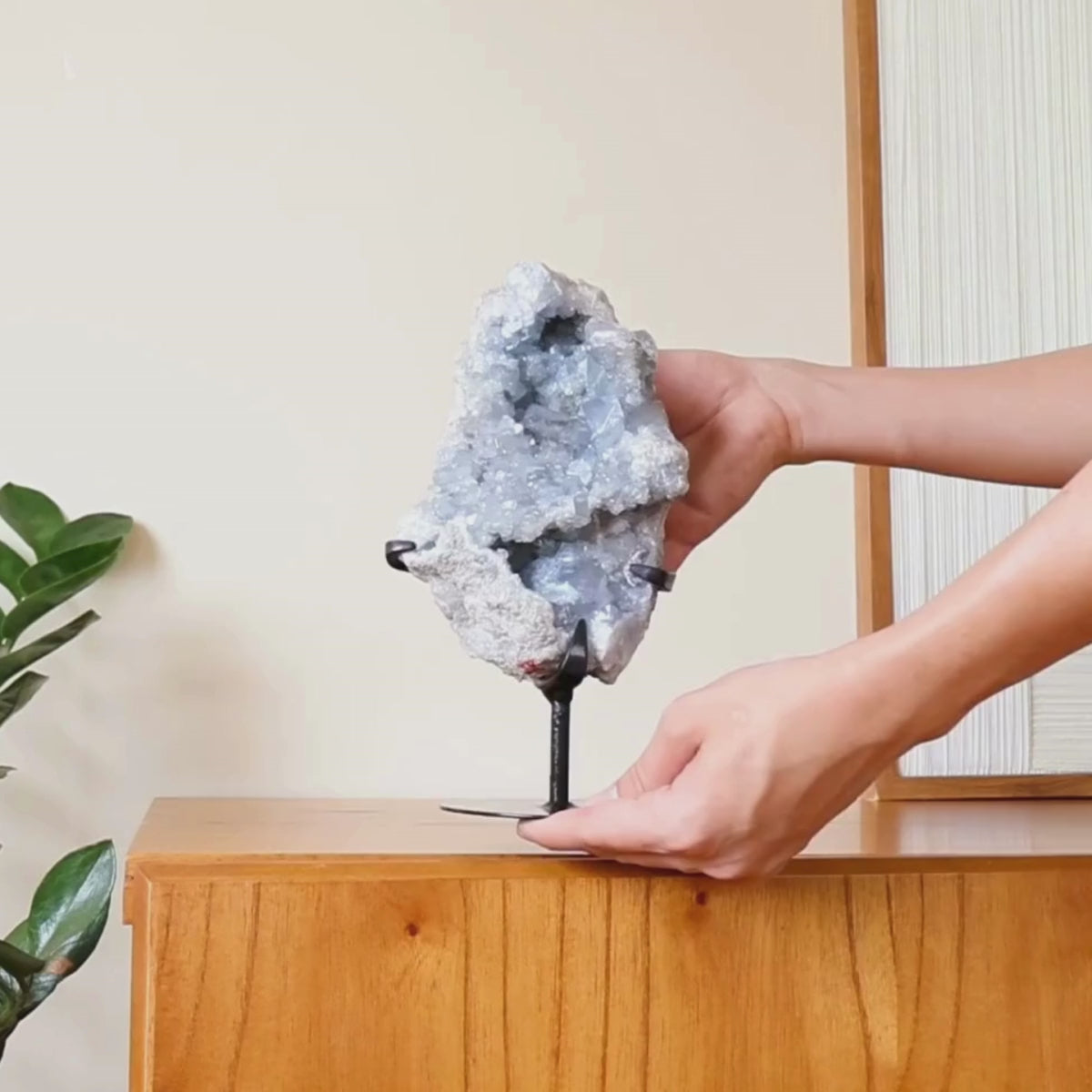 Carregar vídeo: Drusa de Celestita Natural na Base Metal Preto 2,330 kg