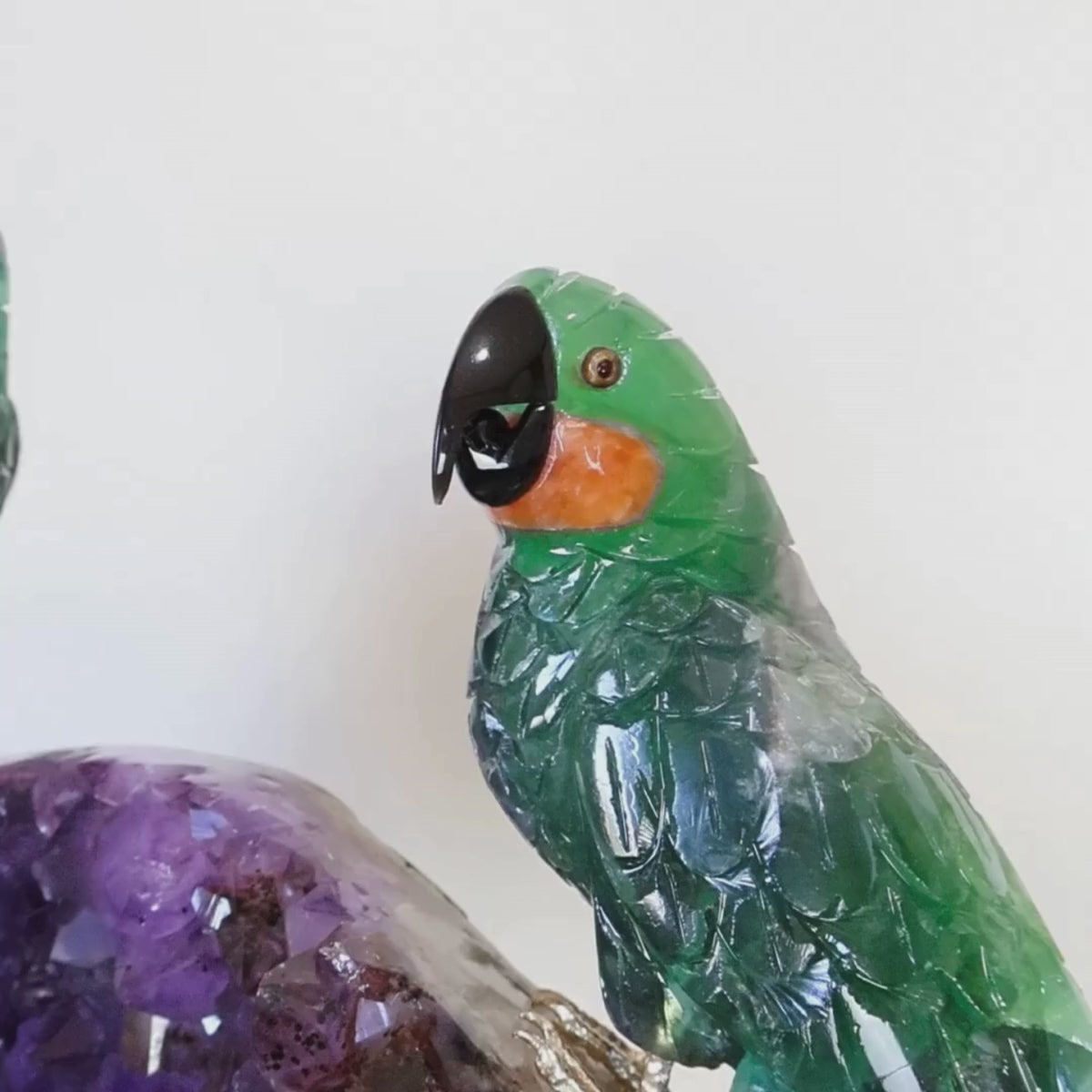 Carregar vídeo: Casal de Araras Esculpido em Fluorita Verde na Drusa de Ametista na Base giratória de mármore negro 11,500 kg