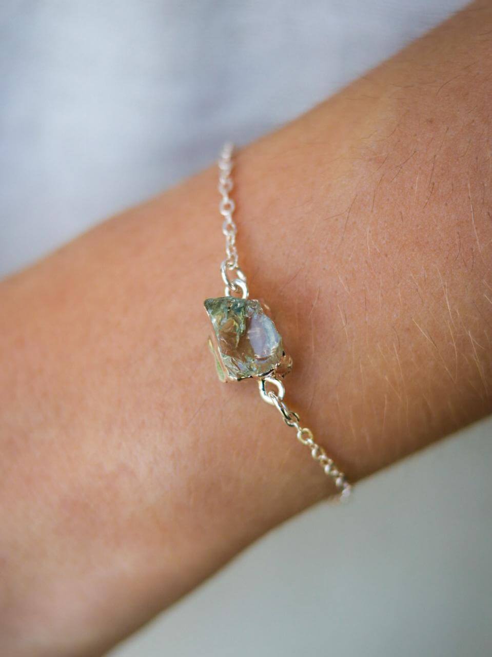 Pulseira Pedra Prasiolita Corrente Elos Banho Prata