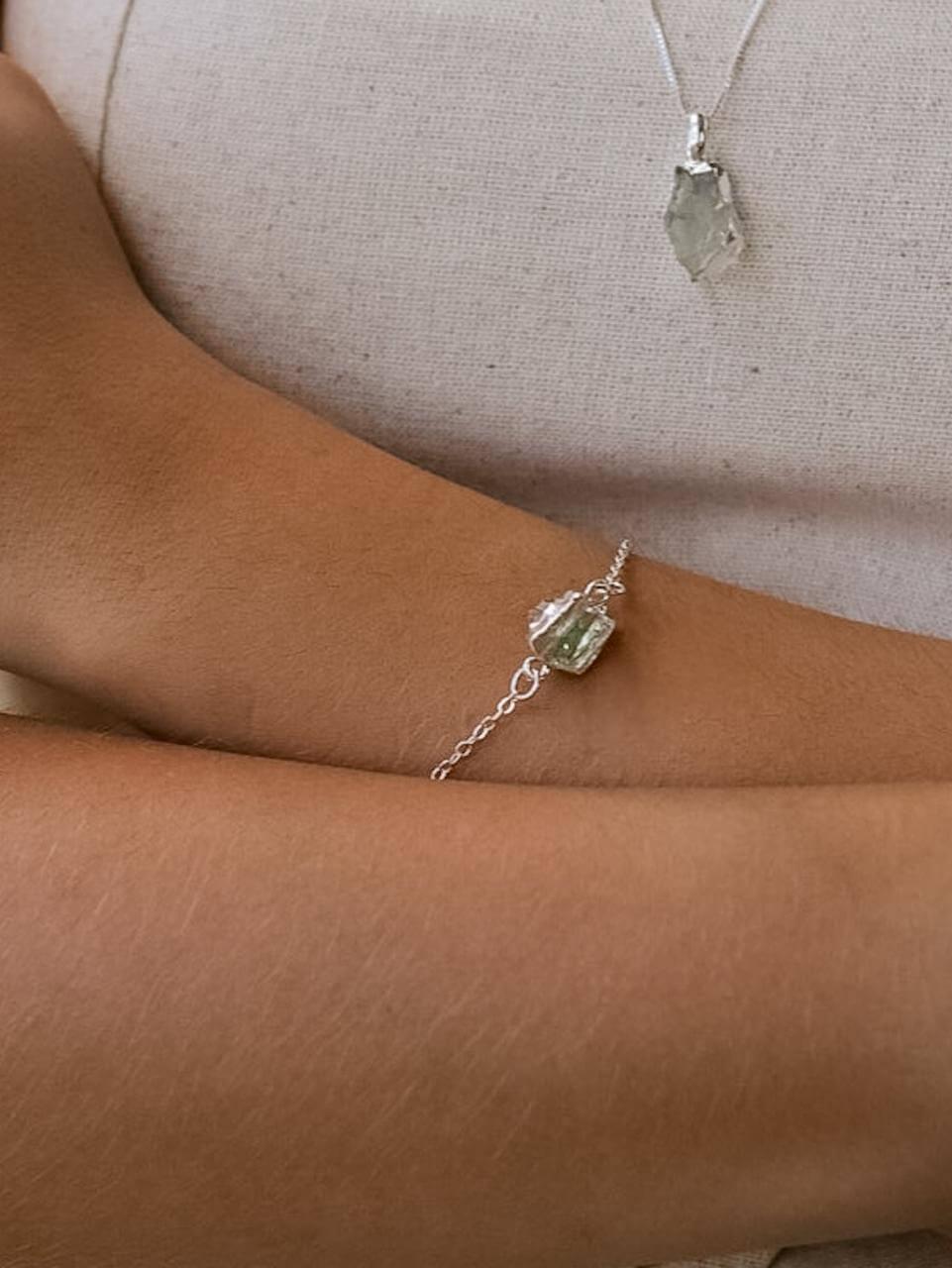 Pulseira Pedra Prasiolita Corrente Elos Banho Prata