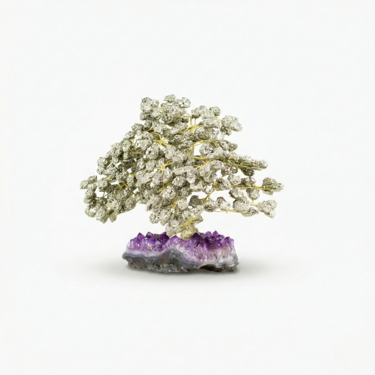 Árvore Prosperidade Pedra Pirita na Base Drusa Ametista Grande 4,033 kg